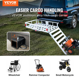 50 x 29.5 x 8.7 inch Hitch Cargo Carrier, 500lbs Capacity Trailer Hitch Mounted Cargo Basket, Aluminum Luggage Carrier Rack with Folding Ramp, Fits 2' Hitch Receiver for SUV Truck Pickup Camping