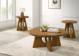Modern Style 3pc Table Set 1x Coffee Table 2x End Table Pedestal Base w/ Cutout Walnut Finish Round Table Top Living Room Furniture