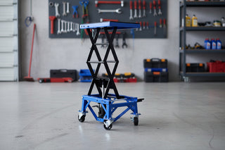 300 lbs Blue Hydraulic Motorcycle Scissor Jack Lift - Portable Dirt Bike Stand with Foot Pedal &amp; Lockable Wheels