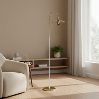 64.25" Industrial Farmhouse Pendant Cage Floor Lamp | Satin Matte Gold & White Metal