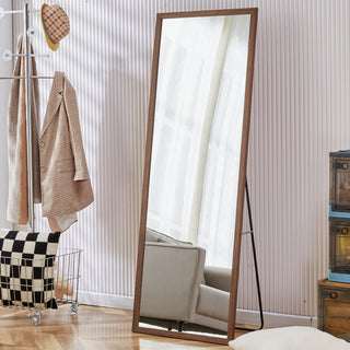  65" Full-Length Mirror with Thickened Brown Wood Grain Solid Wood Frame – Floor Standing or Wall-Mounted Decorative Dressing Mirror