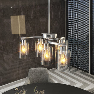 6-Light Brushed Nickel Chandelier – Modern Industrial Pendant Lighting with Adjustable Height, Clear Glass Shades for Dining Room, Kitchen Island, Bedroom