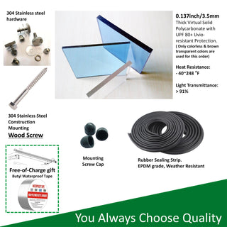 DA4734W Series Door Window Awning, 47" Wide x 34" Deep, Crystal Solid Polycarbonate Sheet and Aluminum Alloy with Valance for Wooden Wall House