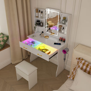 White Vanity Desk with LED Lighted Mirror & Power Outlet, Makeup Vanity Table Set with Drawers & Chair, Adjustable RGB Lighting for Bedroom