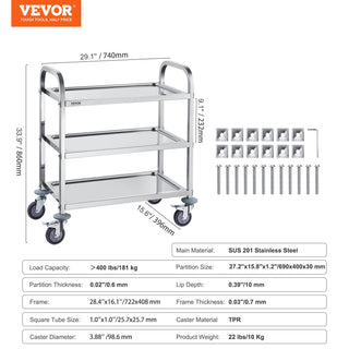 VEVOR 3-Tier Stainless Steel Utility Cart | 400 lbs Capacity Medical, Lab & Kitchen Cart