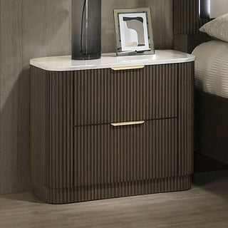 Contemporary Dark Walnut Nightstand with Marble Top - Plinth Base Bedside Table with Metal Slide Glide