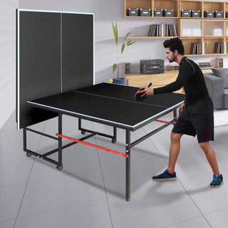 8ft Black Mid-Size Table Tennis Table Foldable & Portable Ping Pong Table Set for Indoor Games with Net, 2 Table Tennis Paddles and 3 Balls