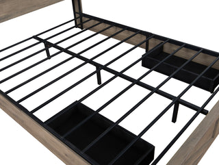 Farmhouse Queen Bed Frame with LED Lights & Charging Station | Wooden Bed with 2 Storage Drawers & Rustic Headboard with Sliding Barn Door Storage Cabinets