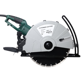 Portable Electric Corded Circular Concrete Saw 14' Wet/Dry Cutter 2600W Green Steel with Water Line & Guide Roller