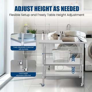 Stainless Steel Work Table 24x36 Inches with Wheels | Commercial Metal Prep Table with Adjustable Undershelf
