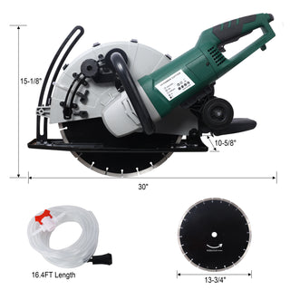 Portable Electric Corded Circular Concrete Saw 14' Wet/Dry Cutter 2600W Green Steel with Water Line & Guide Roller