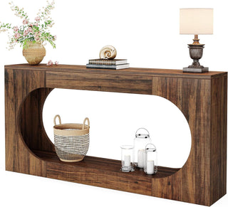 63" Farmhouse Console Table with Scalloped Edge | 2-Tier Rustic Wooden Sofa Table, Brown