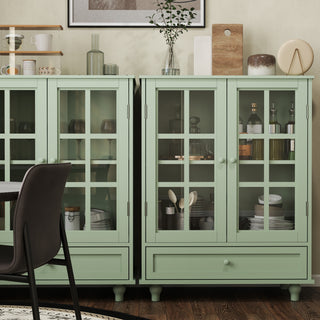 Modern Mint Green Buffet Cabinet with Double Glass Doors - 28" Minimalist Wooden Storage Sideboard