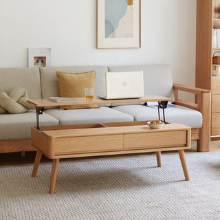 100% Solid Oak Coffee Table with Storage - 100cm Elevated Natural Wood Center Table