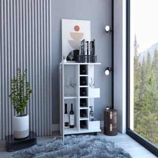 32" H White Bar-Coffee Cart with Cabinet Storage, 4 Wheels, Divided Shelf, Folding Door, and Bottle Holder – Stylish Mobile Storage for Home Bars or Coffee Stations