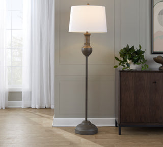 61' Contemporary Polyresin Floor Lamp in Acid Grey Wood Finish and White Linen Shade