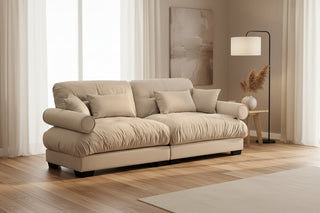 Modern Camel Velvet 2-Seater Sofa with Bolster Arms and Pillows
