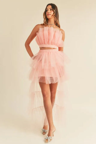 MABLE Tulle Tube Ruffle Crop Top and High Low Maxi Skirt Set