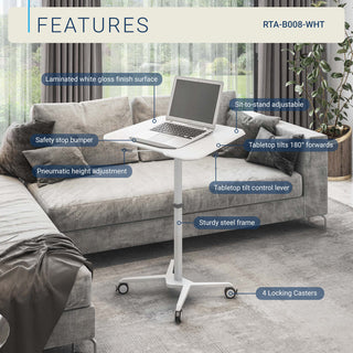White Sit to Stand Mobile Laptop Computer Stand with Height Adjustable and Tiltable Tabletop