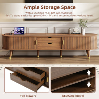 Wooden Oval Fluted TV Stand with Charging Station - 83.5" Walnut Mid-Century Media Consol