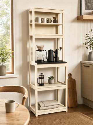 23.62' White and Black color Bakers Rack for Kitchen with Storage, Coffee Bar, 5-Tier Kitchen Shelves, Microwave Stand