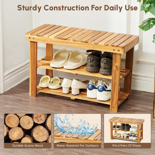Acacia Wood Shoe Rack Bench, 2-Tier Natural Wooden Organizer for Entryway or Bathroom, Warm Grain Finish, 27.6'L x 11'W x 17.8'H