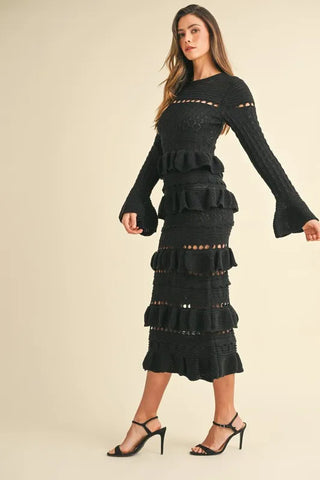 MABLE Long Sleeve Tiered Ruffle Knit Midi Dress