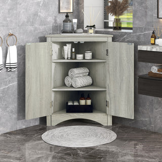 Oak Triangle Bathroom Storage Cabinet | Freestanding Corner Floor Cabinet with Adjustable Shelves