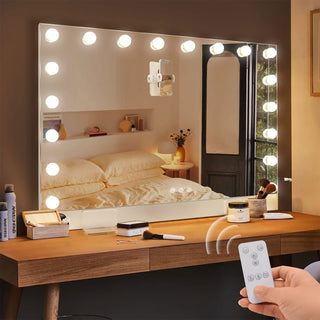 31.5" x 22.8" Hollywood Vanity Mirror with 18 LED Bulbs - Selfie Remote Control Makeup Mirror - 0.6" Ultrathin Large Tabletop &amp; Wall Mount Mirror with Magnetic Phone Holder - Dimmable Professional Beauty Station