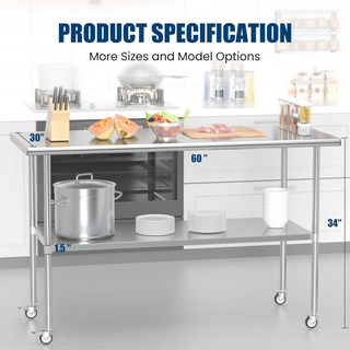 30x60 Inch Stainless Steel Table with Wheels | Commercial Metal Prep Table with Adjustable Undershelf
