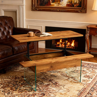 Multifunctional Lift Top Coffee Table with Tempered Glass Legs – Modern Dark Wood Grain Center Table for Living Room & Office