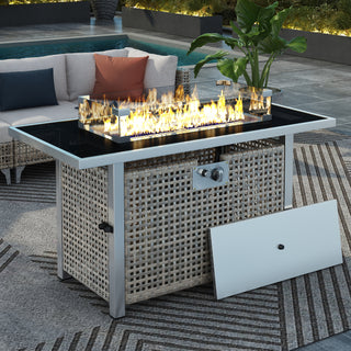 K&K 43" Rectangular Propane Fire Pit Table | 60,000 BTU Wicker Fire Table with Glass Wind Guard - Grey