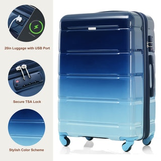 Luggage Set of 3, 20-inch with USB Port, Airline Certified Carry-on Luggage  , ABS+PC Hard Shell Luggage with Spinner Wheels, Gradient Blue