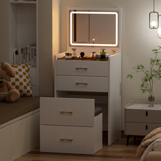23.6'' Flip Top Makeup Vanity Desk - Lighted Mirror, Storage Stool, Power Outlet