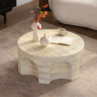 MgO Modern Minimalist Round Accent Coffee Table with Unique Arched Cutout Base, No Assembly Required, Sturdy Structure for Living Room, Bedroom & Outdoor Home Decor.