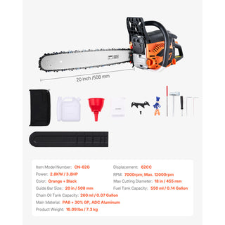 62cc Gas Chainsaw, 3.8 HP with 20 inch Bar