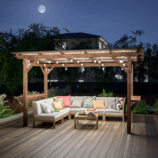 Title
13' x 6.5' Wooden Pergola Grill Gazebo with Metal Roof & Bulbs & Bar Counters
