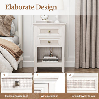 Farmhouse Nightstand, Boho Bedside Table with 2 Rattan Decor Drawers, Accent End Table with Open Storage Shelf, Wood Bedside Unit for Bedroom, Living Room, Home Office, Grayish White