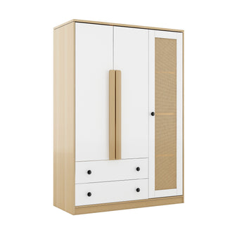 3-Doors Wooden Rattan Wardrobe Storage for Bedroom,with 2 Drawers,White+Nature