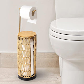 Handmade Woven Rattan Freestanding Toilet Paper Holder with Storage | Boho Farmhouse Bathroom Decor Stand | Sturdy 3-Roll Tissue Storage | Rustic Bathroom Organization
