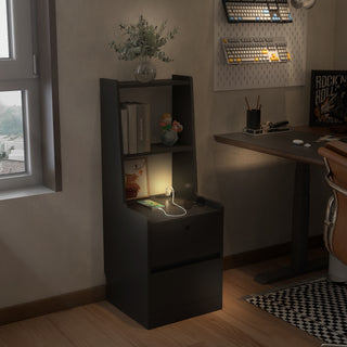 Modern Black Smart Nightstand with Charging Station and Voice-Controlled Night Light