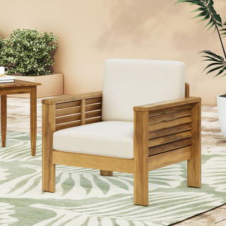 Outdoor Acacia Wood Club Chairs with Cushions, Teak+Beige, 27.75'D x 32'W x 27.75'H