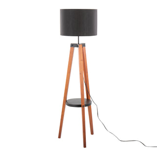 Compass Mid-Century Modern Floor Lamp with Shelf in Walnut Wood, Black Metal and Black Linen by LumiSource