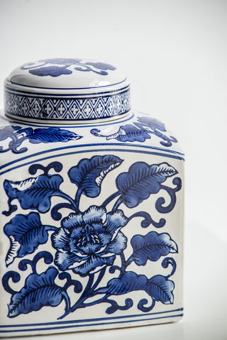 Hand painted blue and white ceramic square canister, view 5