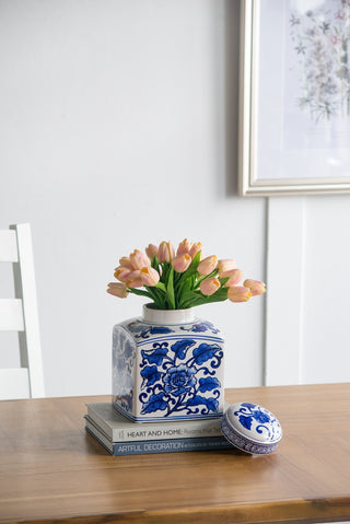 Hand painted blue and white ceramic square canister, view 2