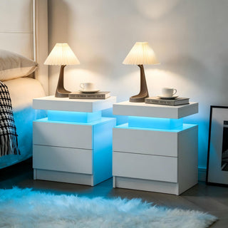 LED Nightstands Set of 2 with 2 Drawers, White