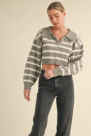 MABLE Pale Collared Striped Cropped Cable Knit Sweater