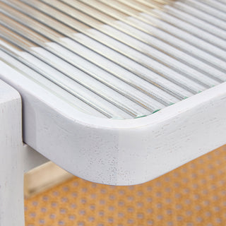 Modern Minimalist White Double-Layered Solid Wood Coffee Table with Glass Top and Imitation Rattan Edge, Rectangular Table for Living Room, Dining Room, and Bedroom