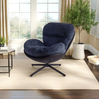 360° Swivel Office Chair, Modern Chenille Chair with Faux Leather and Black Metal Base Frame, No Wheels, Accent Chair for Small Spaces, Living Room, Bedroom, Reading Corner, Office, Dark Blue