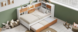 L-Shaped Bed Frame with Trundle & Bookcase – Wooden Captain Bed with LED Downlight & USB Port for Small Room, Twin Size, Walnut & White